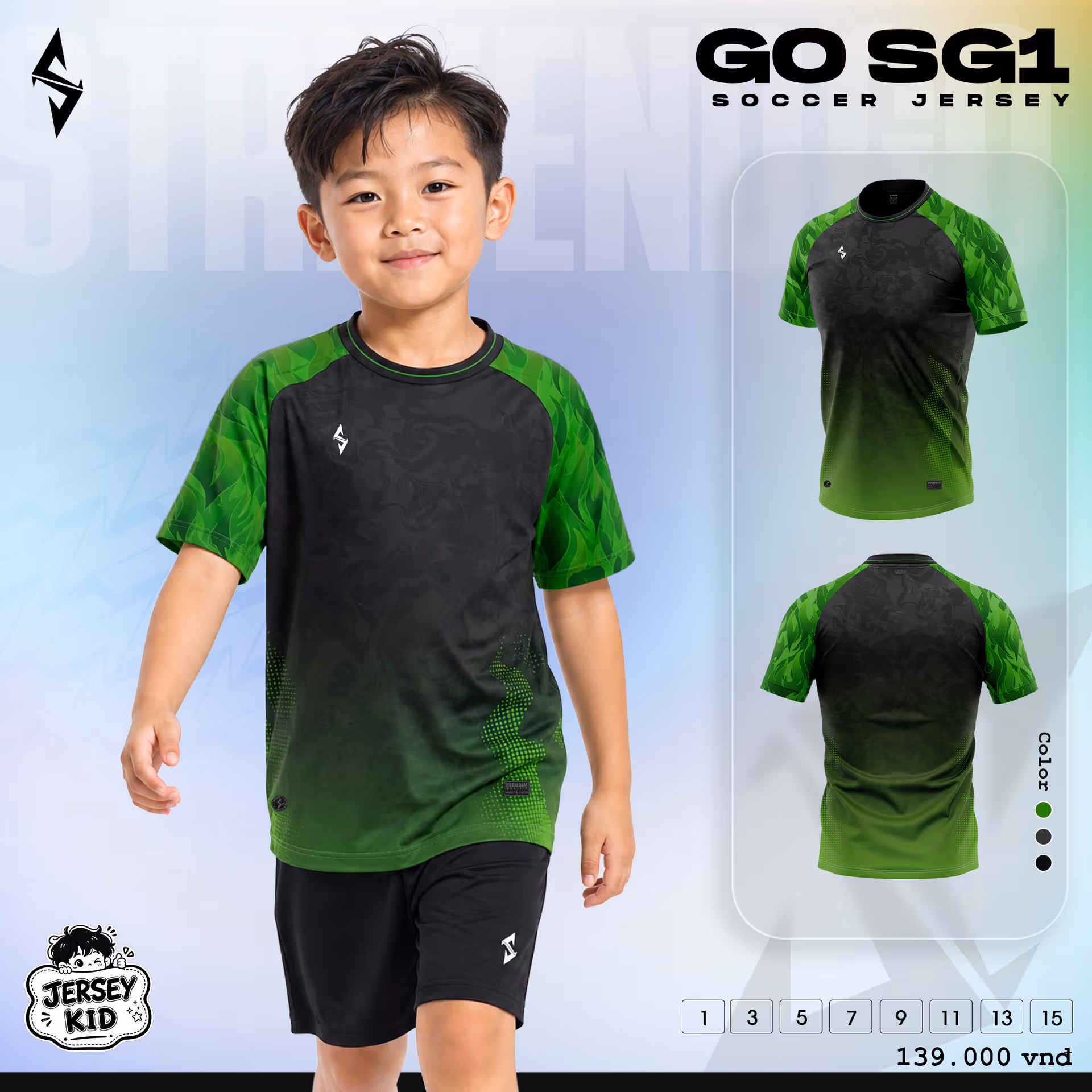 Bộ quần áo bóng đá trẻ em Strivend GO Kid SG01 Đen Xanh Lá