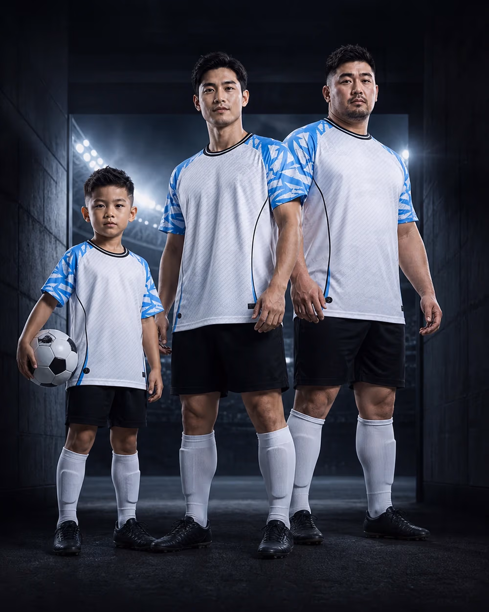 Ba vận động viên Kid, Adult và Big Size mặc đồng phục Strivend GO SG03 trong đường hầm sân vận động